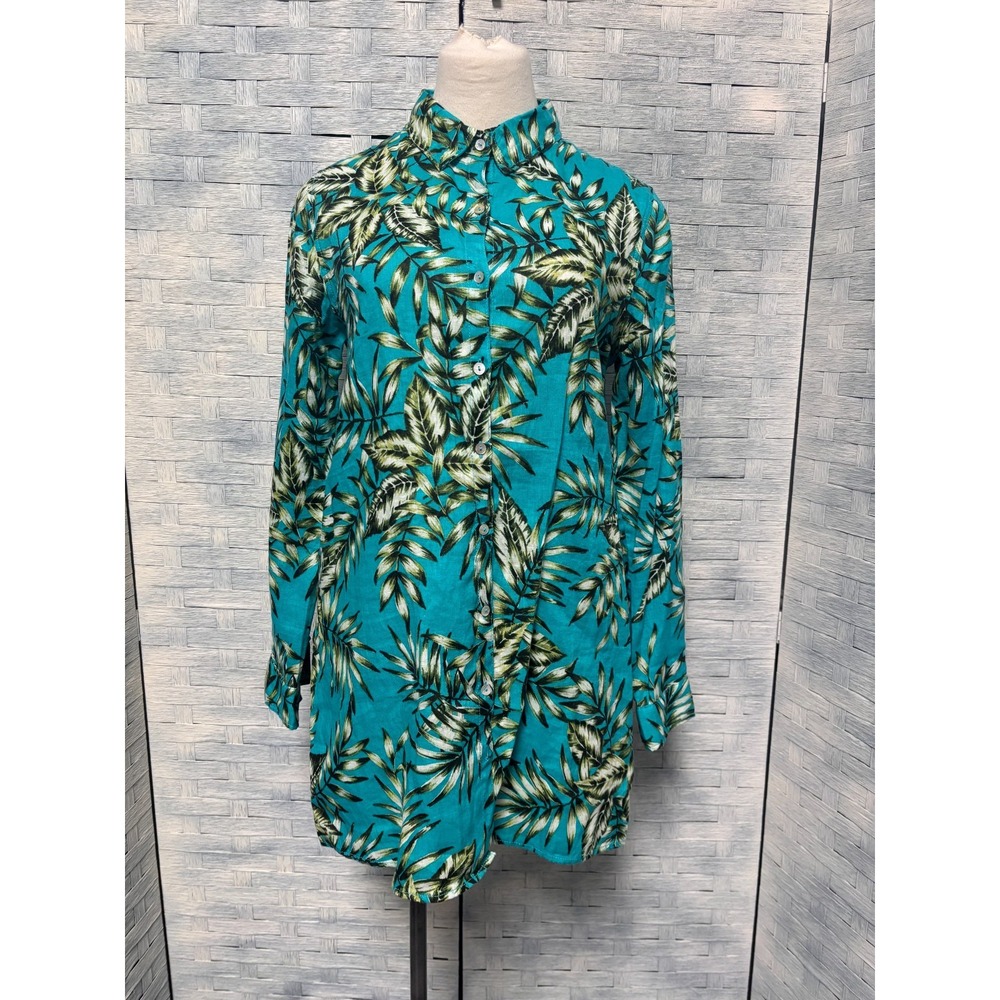 C&C California Womens S 100% Linen Tropical Leaf Print Tunic Button Up Shirt